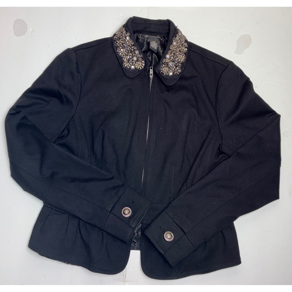 INC International Concepts Y2K Black Jeweled Collar Peplum Jacket XS